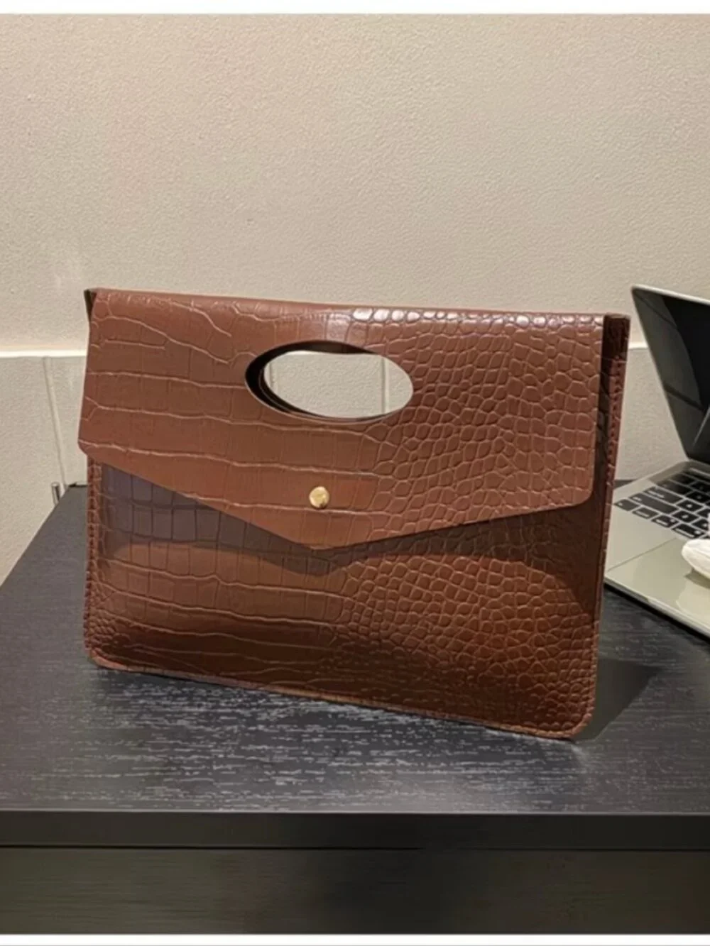 Retro Croc Embossed Envelope Clutch - Brown Faux Leather Tote Bag